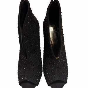 Material Girl Black Sparkly Crystal Embellished Peep Toe Stiletto Booties